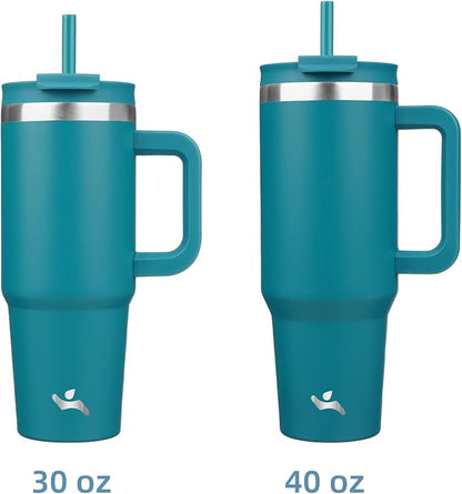 Konokyo 40 oz Insulated Tumbler Water Bottle with Handle, Straw Lid | BPA-free and dishwasher safe; made for gym, travel, coffee and gifting, 2 straws, cup holder friendly,Blue