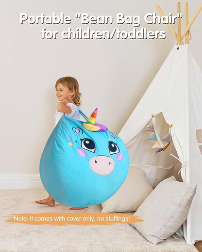 Aubliss Unicorn Stuffed Animal Storage, Velvet Bean Bag Chairs Cover, X-Large 38" Ultra Soft Kids Toy Storage Organizer for Blankets Towels Clothes Home Supplies, Blue Big Eyes