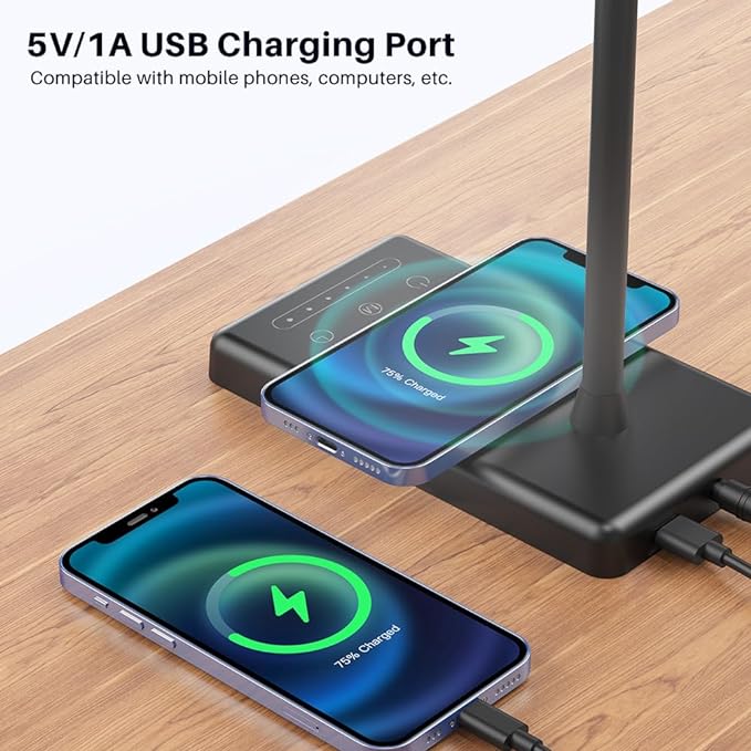 KEXIN LED Desk Touch Lamp with Wireless Charging & USB Charging Table Lamp 5 Color Modes 6 Brightness Levels Eye-Caring Gooseneck Desk Lamp for Home Office with Memory Function 1h Timer Bedside Lamp