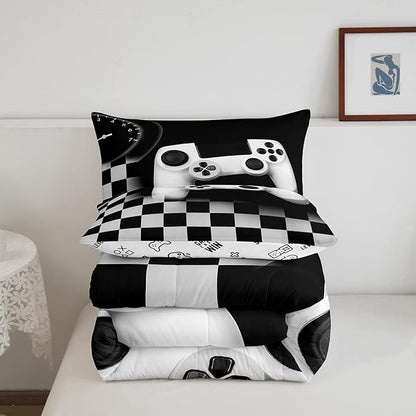 Erosebridal Gamer Comforter Set Twin,Gaming Bedding Set for Kids Teens Room Decor,Black and Grey Buffalo Plaid Reversible Bedding Set All Season Cozy,Novelty Gamepad Pattern Down Comforter 2pcs