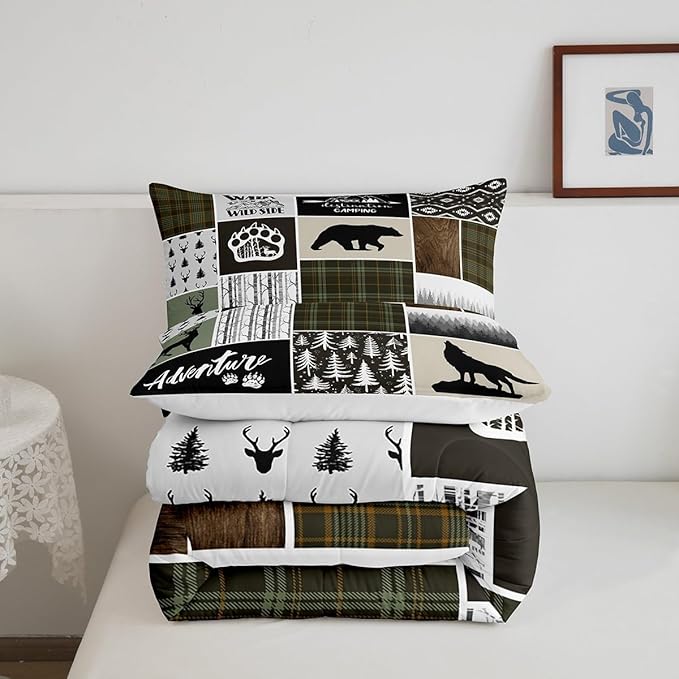 Camper Adventure Kids Comforter Set Queen Size,Deer Antlers Bear Paws Rustic Farmhouse Bedding Set for Boys Girls Adults Room Decor,Atzec Arrows Boho Down Comforter,Camo Duvet Insert,2 Pillowcases