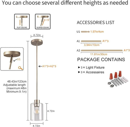 Brushed Nickel Pendant Lights Kitchen Island - Clear Glass Pendant Light Fixture Multiple Stems Rods 3 Units 12 Inch 3 Units 4 Inch (3 Pack Brushed Nickel)