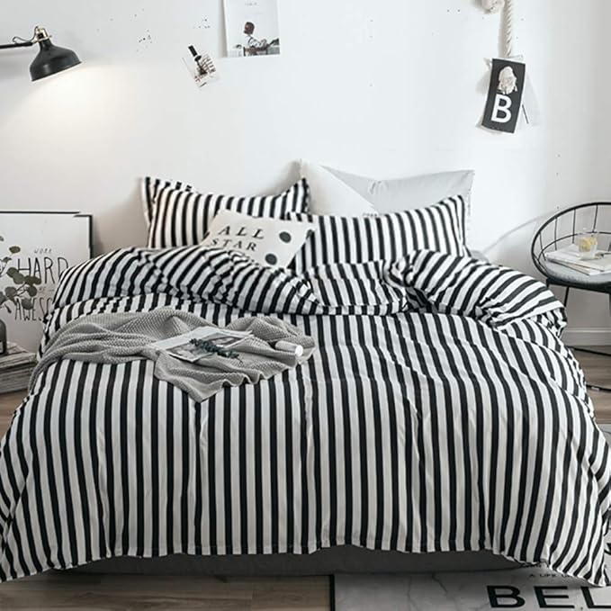 White and Black Stripes Comforter Set King Women Bedding Set Soft Durable White Striated Bedding Set Black Stripes Ticking Quilts Hotel Quality Comforter Set Girls White Black Stripes Bed Set