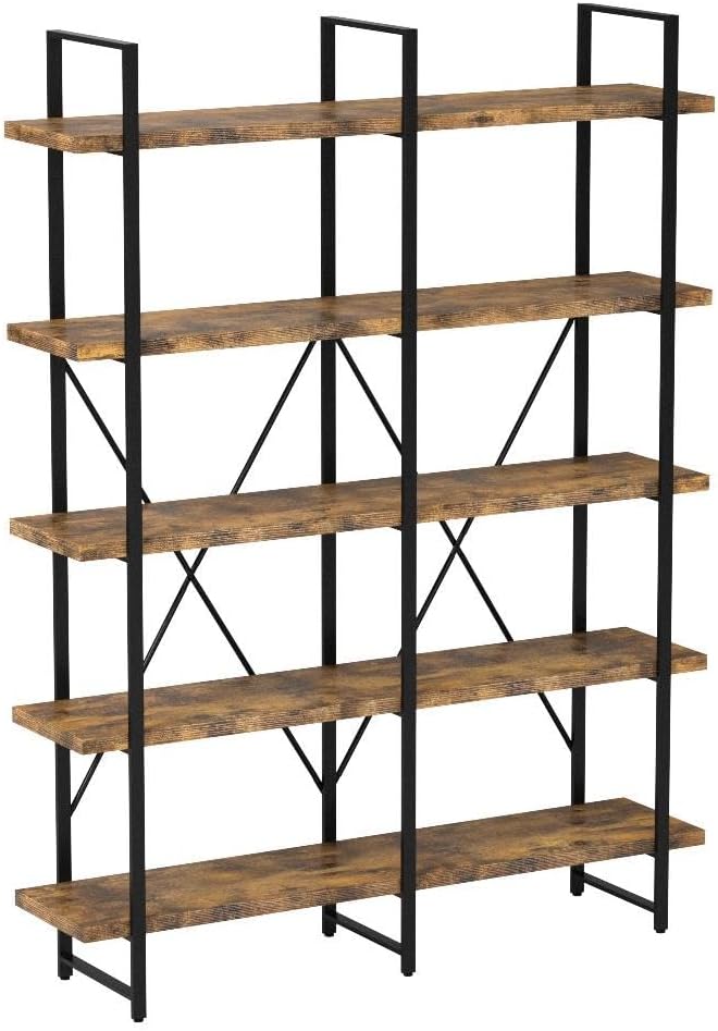 IRONCK Industrial Bookshelf and Bookcase Double Wide 5 Tier, Large Open Shelves, Wood and Metal Bookshelves for Home Office Furniture, Easy Assembly