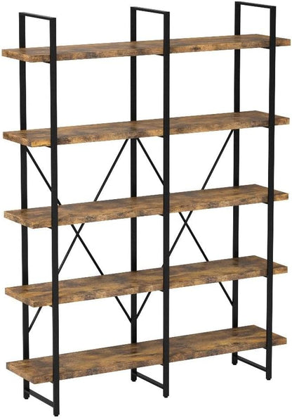 IRONCK Industrial Bookshelf and Bookcase Double Wide 5 Tier, Large Open Shelves, Wood and Metal Bookshelves for Home Office Furniture, Easy Assembly