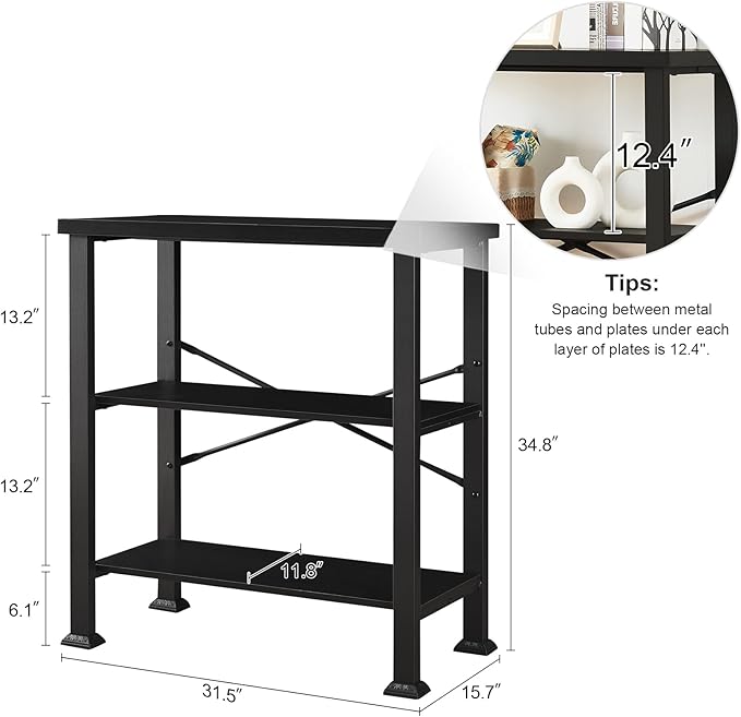 HOMBAZAAR Bookshelf, 3-Tier Vintage Industrial Book Shelf, Rustic Wood and Metal Bookcase and Bookshelves, Free Standing Storage Small Bookshelf for Living Room, Bedroom and Kitchen, Black