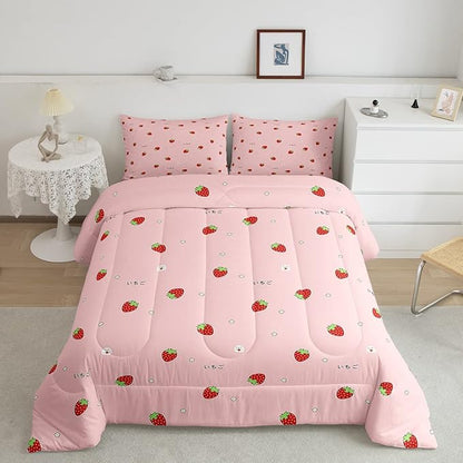 Kawaii Bedding, Pink Strawberry Decor Comforter Set Full, for Women Girls Kids Kawaii Room Decor, Cute Strawberry Duvet Set Reversible Cute Kawaii Strawberry Quilt Duvet Set with 2 Pillowcases