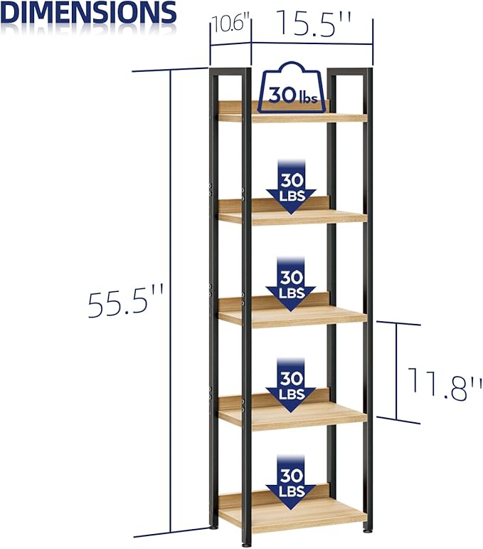 NUMENN Narrow Bookshelf, 5 Tier Bookshelves, Home Office Bookcase Shelf Storage Organizer, Free Standing Storage Shelving Unit for Bedroom, Living Room and Home Office, Natural