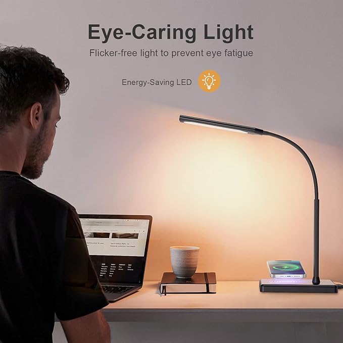 KEXIN LED Desk Touch Lamp with Wireless Charging & USB Charging Table Lamp 5 Color Modes 6 Brightness Levels Eye-Caring Gooseneck Desk Lamp for Home Office with Memory Function 1h Timer Bedside Lamp