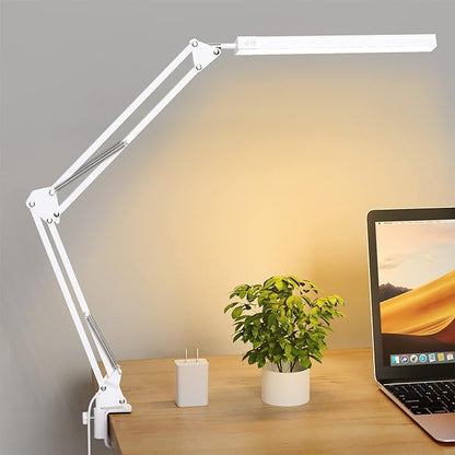LED Desk Lamp, Swing Arm Desk Light with Clamp, 3 Lighting 10 Brightness Eye-caring Modes, reading desk lamps for home office 360°Spin with USB Adapter & Memory Function white-14W
