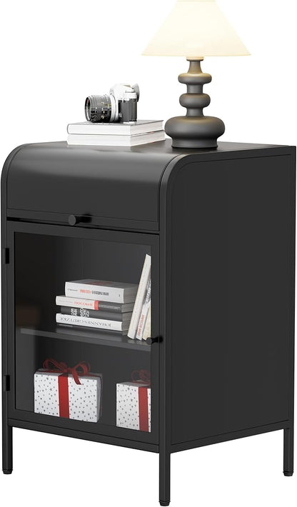 Modern Metal Side Tables, End Tables with Glass Door, 2-Tier Nightstands with Storage Shelves, Accent Table, Slim Sofa Table for Living Room, Bedroom (1, Black)