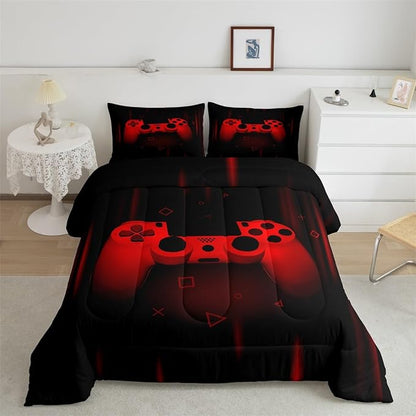Feelyou Twin Comforter Set for Boys Gamer Bedding Set for Boys Kids Gaming Comforter Red Black Teen Child Gamer Room Decor Soft Game Geometric Duvet Quilted 1 Comforter with 1 Pillowcase Gamer Gifts