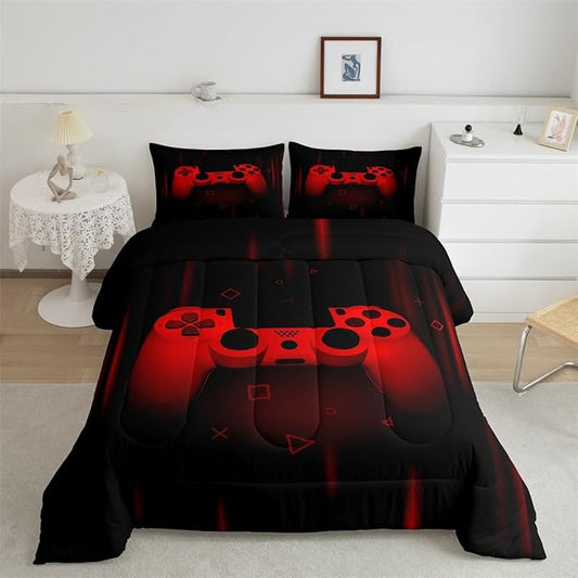 Feelyou Twin Comforter Set for Boys Gamer Bedding Set for Boys Kids Gaming Comforter Red Black Teen Child Gamer Room Decor Soft Game Geometric Duvet Quilted 1 Comforter with 1 Pillowcase Gamer Gifts