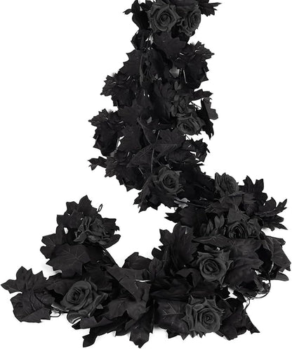 RECUTMS Black Artificial Flower Garland Fake Rose Vine Hanging Rose Vines Fall Maple Garland with Floral,Black Hanging Flowers for Gothic Wedding Decor Autumn Party Halloween Decor