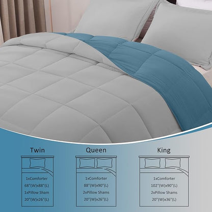 Basic Beyond Queen Comforter Set - Fluffy Comforter Queen Set for All Seasons - Reversible Blue Comforter Set Queen for Mens - 3 Pieces (1 Comforter + 2 Pillow Shams) - Blue/Grey