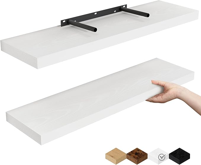 Fun Memories Floating Shelves for Wall, 24" Rustic Wood Deep Wall Mounted Shelves with Invisible Brackets for Decor & Storage, Floating Shelf for Living Room, Bathroom (White, Set of 2)