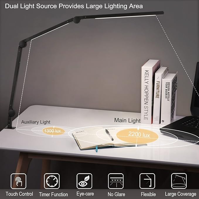 Desk Lamp, LED Desk Lamp with Clamp for Home Office, High Brightness Dimmable Desk Light, Adjustable Color Temperature Swing Arm Architect Lamp with Memory & Timing,Touch control Clamp Lamp