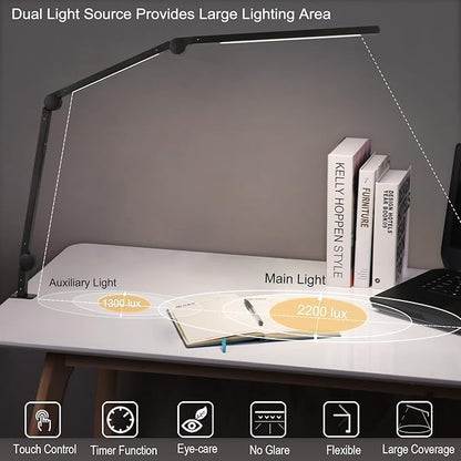 Desk Lamp, LED Desk Lamp with Clamp for Home Office, High Brightness Dimmable Desk Light, Adjustable Color Temperature Swing Arm Architect Lamp with Memory & Timing,Touch control Clamp Lamp