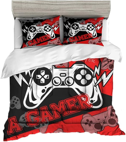 Sunnycitron Gamer Bedding Set for Boys Gamer Comforter sets Queen Gaming Bedding Kid's Comforter Set Boys Teen Gamepad Gaming Comforter,1 Comforter 2 Pillowcases