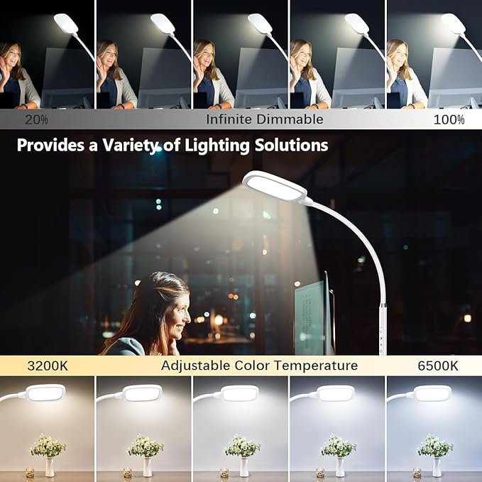 LED Desk Lamps for Home Office, Clamp Desk Light for Video Conference, Dimmable, Rotatable, Top Bright, Large Lighting Area, Remote & Touch, Clip Table Lamp for Computer Monitor, Study, Work