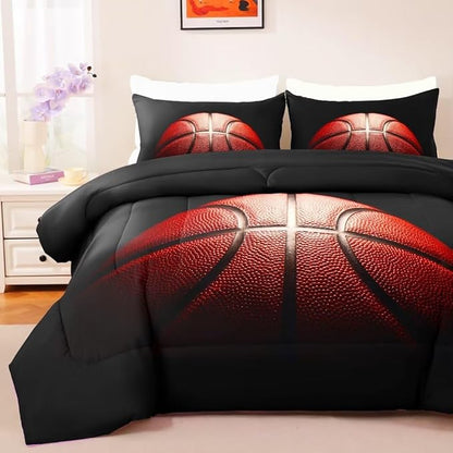 Teens Boys Sports Comforter Set Full,Basketball Bedding Set for Kids,Sports Orange Basketball Comforter Sets,Black Teenage Boy Bedroom Bed Set 3 Pieces with Pillowcases