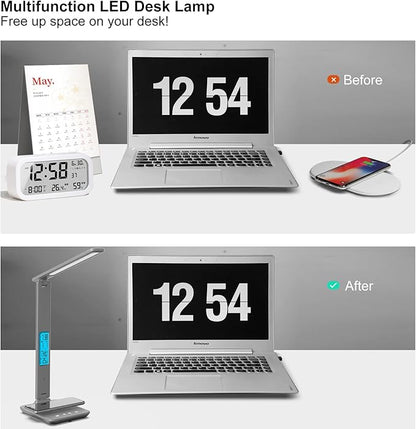 poukaran Desk Lamp, LED Desk Lamp with Wireless Charger, USB Charging Port, Table Lamp with Clock, Alarm, Date, Temperature, Office Lamp, Desk Lamps for Home Office, Grey