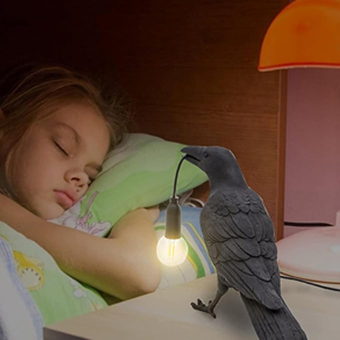 Raven Desk Lamp, Art Deco Raven Lamp, Bird Lamp, Resin LED Bird Light with Plug for Bedroom/Office/Living Room/Farmhouse