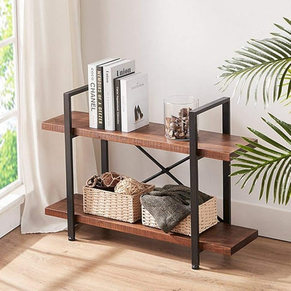 HSH Natural Real Wood Bookshelf, 2 Tier Small Rustic Vintage Industrial Etagere Bookcase, Low Open Metal Farmhouse Solid Wooden Book Shelf, 2 Shelf Bookcase for Living Room Bedroom, Distressed Brown