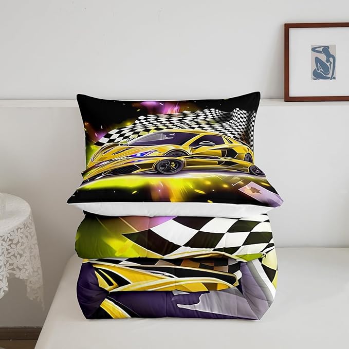 Feelyou Yellow Sports Car Comforter Sets Twin Size, Boys Race Car Bedding for Teens Girls Adult Extreme Speed Race Car Duvet Sets Black and White Grids Print Car Theme Bedroom Decor Quilts