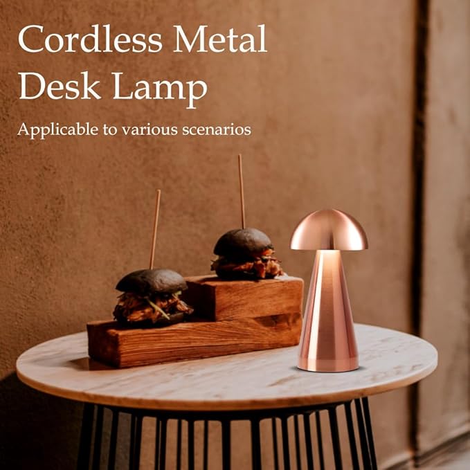 Cordless Metal Desk Lamp, Touch Sensor Control LED Table Lamp,3 Color Stepless Dimmable Battery Powered Lamp (Rose Gold)