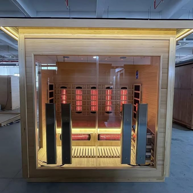 4-Person Far Infrared & Steam Dual-System Sauna Room, Outdoor Canadian Hemlock Wood Sauna, WiFi Control, Red Light Therapy, 14 Heaters& Electric Stove, Left Door, 220-240V