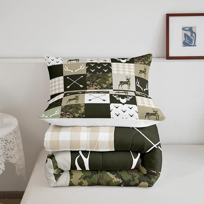 Kids Deer Antler Animal Comforter Set King Size,Army Green Camo Xmas Bedding Set,Girls Boys Adults Bedroom/Cabin Decor,Plaid Patchwork Retro Down Comforter,Boho Arrows Duvet Insert,3pcs,2 Pillowcases