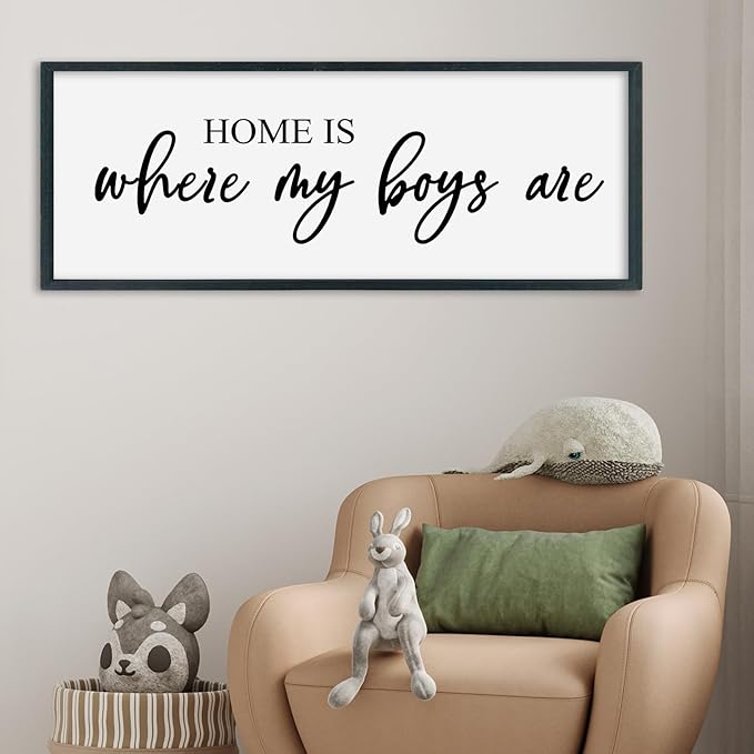 SRSZHIYUE Home Is Where My Boys Are Sign Wall Art Decor 40"×15" for Family Bedroom Large Wood Framed Wall Hanging (Black)
