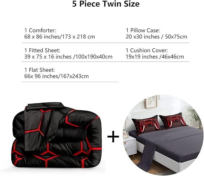 5 Pieces Gaming Bedding Set for Boys Gamer Comforter Set Twin Size,Game Controller Comforter for Boys Kids Teen 3D Gamepad Microfiber Bedding Sets 5 Pieces Bed in A Bag Sets-H50023,Twin