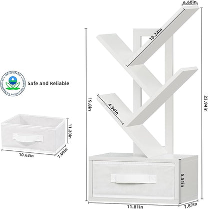 Small Bookshelf with Drawer,4 Tier Tree Book Shelf,Wood Desk Bookshelves,Modern Free Standing Desktop Display Shelves,White Floor Standing Organizer Bookcase for Living Room,Bedroom,Office