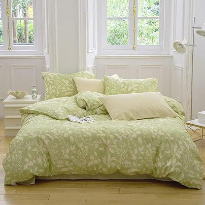 Green Botanical Comforter Set Full Sage Green Floral Comforter Cotton Women Girls Matcha Green Floral Plant Quilts Garden Bohemian Sage Green Blanket Rustic Leaf Blossom Full Bed Comforter