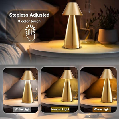 Portable Metal Desk Lamp, Cordless Metal LED Table Lamp,3 Color Touch Control Rechargeable Lamp,3-Levels Brightness Room Decor Desk Lamp,Bedside Lamp,Dining Room Lamp (Gold)