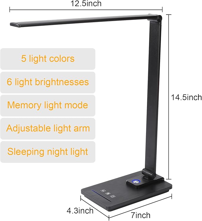 LED Desk Lamp, Black Modern Table Lamp, Ideal Gift for Study, Office. Dimmable Desk Lamp for Work, Video Conferencing, Reading and Writing, Arts and Crafts, Nail Art.