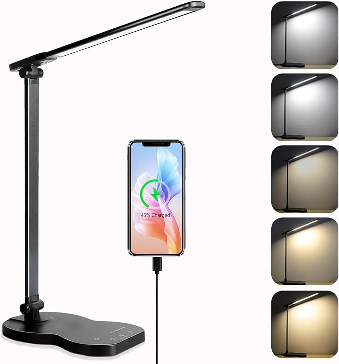 Led Desk Lamp with USB Charging Port, 5 Lighting Colors & 10 Brightness Reading Lamp, Foldable Dimmable LED Desk Light, 3000-6500K, Violin Shape Black Lamp Desk Lamps for Home Office