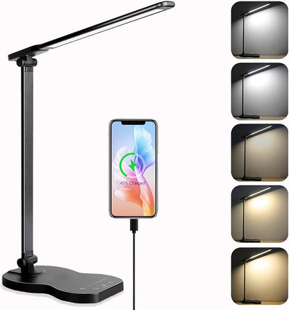 Led Desk Lamp with USB Charging Port, 5 Lighting Colors & 10 Brightness Reading Lamp, Foldable Dimmable LED Desk Light, 3000-6500K, Violin Shape Black Lamp Desk Lamps for Home Office