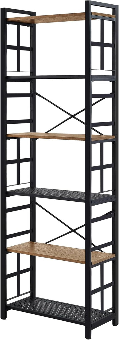 HOMBAZAAR Bookshelf,6 Tier Tall Bookshelf with Metal Frame,Open Bookshelves and Bookcases,Industrial Book Shelf for Living Room,Home Office and Bedroom,Rustic Brown