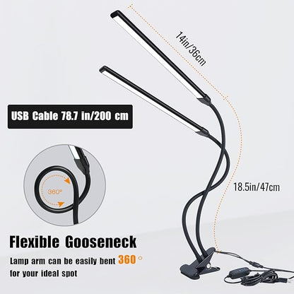 Desk Lamp, Clamp on Lamp with 2 LED Tubes, 13W, 1200 Lms, 3 Color Modes, 10 Brightness Levels, 18.5 Inches Flexible Gooseneck LED Clip Book Light for Reading, Working (Adapter Included)