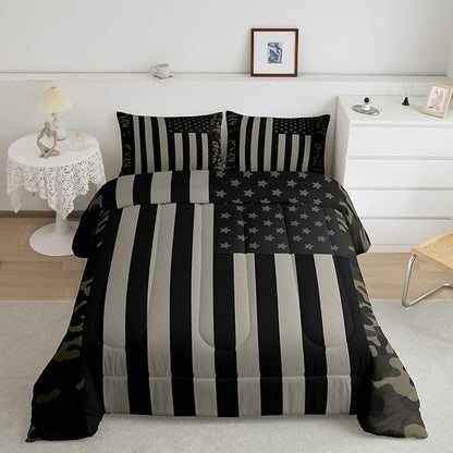 American Flag Comforter Set Twin Military Camo Down Comforter,Retro Army Green Camouflage USA Flag Bedding Set For Kids Boys Teens Men Bedroom,Black Grey Stars Stripes Quilt Duvet Set 1 Pillow Case