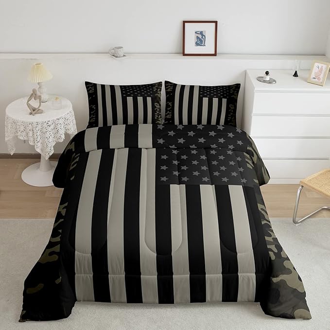 American Flag Comforter Set Queen Military Camo Down Comforter,Retro Army Green Camouflage USA Flag Bedding Set For Kids Boys Teens Men Bedroom,Black Grey Stars Stripes Quilt Duvet Set 2 Pillow Cases