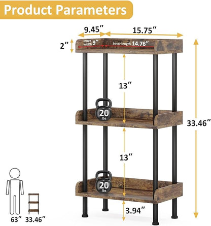 Bookshelf Small Book Shelf: 3-Tier Wood Bookcase Industrial Bookshelf Metal Standing Book Shelves Display Book Rack for Living Room Bedroom Home Office (Rustic Brown)