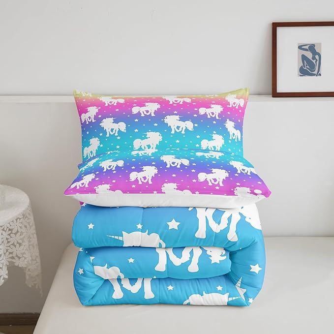 2 Piece Unicorn and Stars Bedding Set Twin Size,Tie Dye Pastel Comforter Sets Rainbow Printed Duvet Sets for Kids Girls Teens,Girly Sweet Colorful Down Comforter Bedroom Decor with 1 Pillow Case