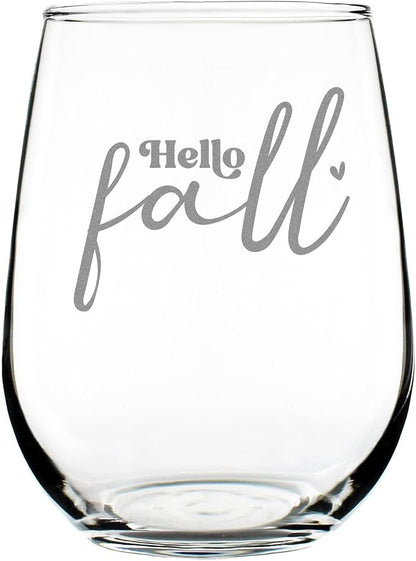 Hand Etched Hello Fall Stemless Wine Glass 17oz, Cozy Autumn Drinkware, Seasonal Glassware, Thanksgiving Hostess, Decor Accent