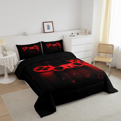 Boys Gamer Comforter Set Queen Size,Gamepad Bedding Set Kids Young Man Video Games Down Comforter for Teen Child Game Room Decor Black Red Classic Retro Gaming Quilted Duvet Set with Pillowcase