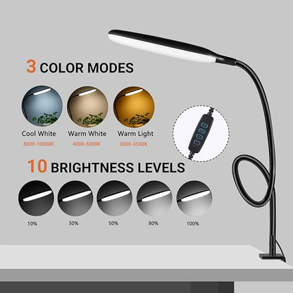 LED Desk Lamp with Clamp, 10W Flexible Gooseneck Swing Arm Clip Lamp with USB Plug, 3 Color Modes, 30 Brightness Levels, Eye-Caring Portable Desk Light for Home Office Reading Working (Black)