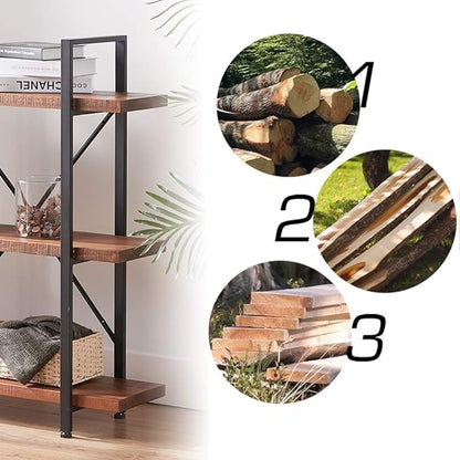HSH Natural Real Wood Bookshelf, 3 Tier Rustic Vintage Industrial Etagere Bookcase, Open Metal Farmhouse Solid Wooden Book Shelf, Distressed Brown